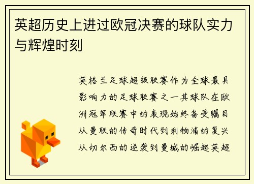 英超历史上进过欧冠决赛的球队实力与辉煌时刻