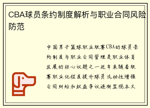 CBA球员条约制度解析与职业合同风险防范